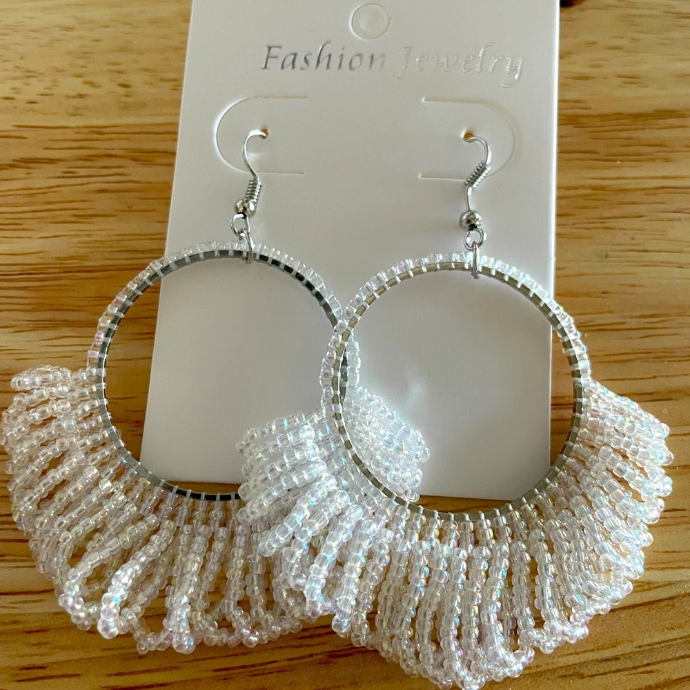 Gorgeous white beaded dangle hoop earrings